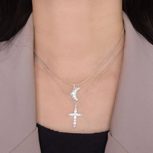 S925 silver double-layered necklace featuring croissant pendant and zircon cross charm