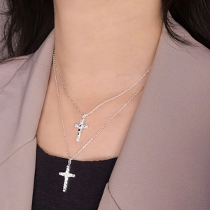 S925 silver double-layered cross necklace with colorful gemstones and zircon on model