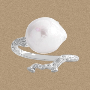 Artificial Baroque Pearl Ring S925 Sterling Silver Lava Texture Adjustable Open Band Organic Branch Style Jewelry For Women