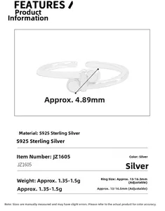 Dettaglio anello argento S925 con larghezza 4,89mm e design aperto regolabile