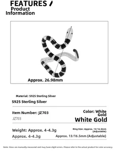 Detailed specifications of S925 sterling silver snake ring with black enamel stripes