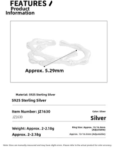 Macro detail of S925 sterling silver bamboo ring with adjustable sizing and measurements