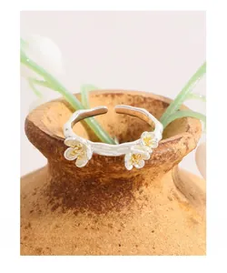 Detail of S925 sterling silver flower ring with gold center on a rustic ceramic pot