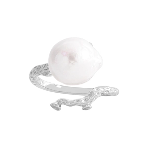 Minimalist S925 sterling silver ring with molten texture and white baroque pearl