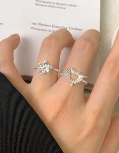 Détail de bagues en argent S925 avec motifs fleur et coeur sur les doigts d'un modèle