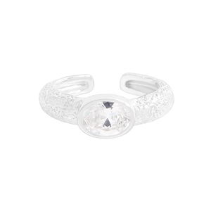 S925 sterling silver open ring with oval zircon and textured hammered metal finish