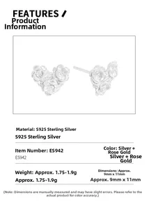 Detail of S925 sterling silver heart shaped camellia earrings with embossed texture