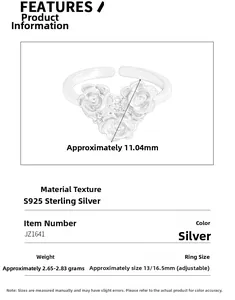 Detail specifications of S925 sterling silver triple rose flower open ring with dimensions