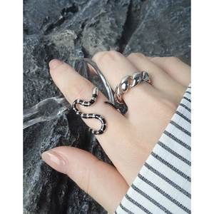 S925 sterling silver snake ring with black enamel stripes and braided chain ring set