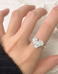 Close-up of S925 sterling silver ring featuring three detailed carved camellia flowers