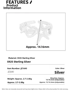 Detailed close-up of S925 sterling silver hollow star and heart ring with size specs
