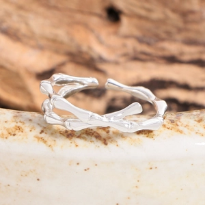 Crossed bamboo joint design S925 sterling silver open ring with adjustable band