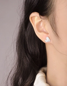 Close-up of S925 sterling silver camellia flower cluster stud earrings on a female model