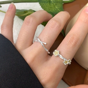 S925 sterling silver bamboo knot and floral open ring set with natural design aesthetic
