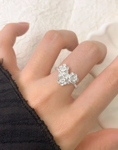 Close-up of S925 sterling silver floral ring with three roses on a model's hand
