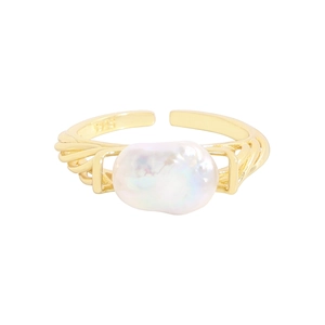 S925 sterling silver gold plated irregular baroque pearl open ring for women