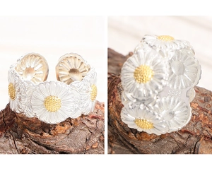 Detailed view of S925 sterling silver open ring with yellow daisy floral pattern