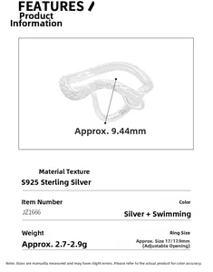 Detailed size specifications and weight of the S925 sterling silver snake open ring