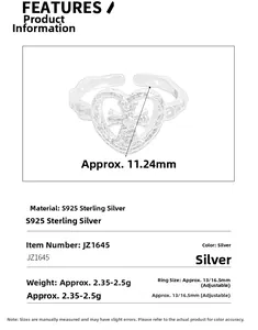 Detail view of S925 sterling silver heart ring with cross and specific dimensions