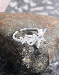 Detail of silver S925 heart and starfish ring on dark stone with high-polish finish