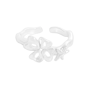 Adjustable S925 sterling silver open ring featuring hollow flower and starfish design
