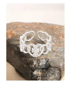 Close-up of S925 sterling silver heart ring with hammer texture and cross detail