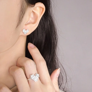 Elegant S925 silver heart earrings and ring set with intricate rose floral patterns