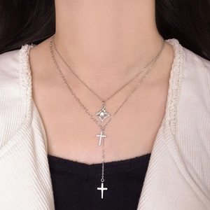 Double layered S925 silver necklace with zircon cross pendants and star charm