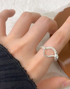 Macro shot of silver snake ring featuring detailed scales and adjustable wrap design