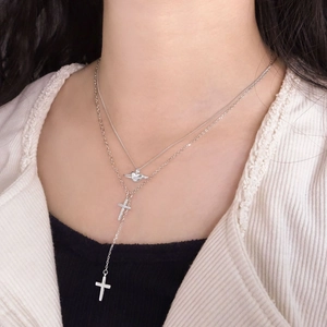 S925 silver layered necklace with zircon heart pendant and cross tassel link chain