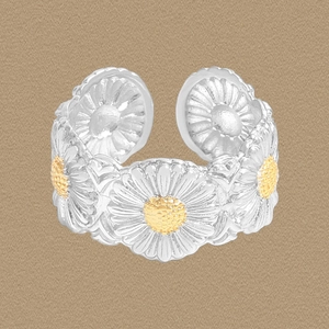 Minimalist S925 Sterling Silver Daisy Open Ring For Women Adjustable Two Tone Gold Plated Flower Finger Ring Jewelry