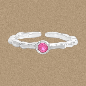 S925 Sterling Silver Rose Red Zirconia Open Ring For Women Adjustable Hammered Wave Texture Fashion Minimalist Jewelry