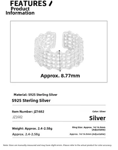 Detail view of S925 sterling silver multilayer woven ring with 8.77mm width and size info