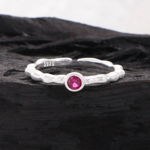 Elegant S925 sterling silver bamboo style open ring with vibrant rose red zircon gemstone