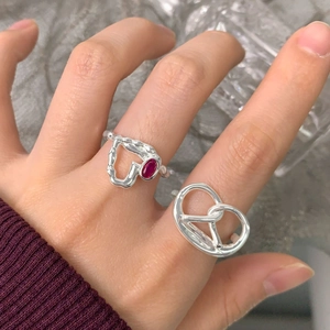 Bague en argent S925 avec cœur et zircon magenta et bague avec nœud pretzel
