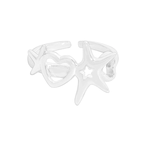S925 sterling silver adjustable ring featuring starfish and hollow heart designs