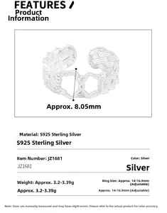 Detail of S925 sterling silver braided ring showing 8.05mm width and textured hollow design
