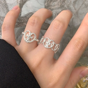 Retro S925 sterling silver hammered heart and cross open ring set for women