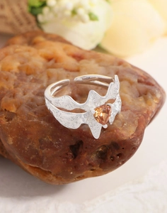 Macro de bague branche argentée ajustable avec zircon coeur orange posée sur une roche