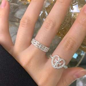 S925 sterling silver open ring set with hammered texture and retro hollow patterns