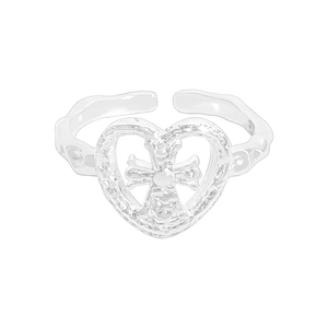 Gothic style heart ring with cross relief and hammered texture open band in silver