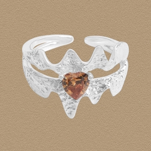 Bague en Argent Sterling 925 Cœur Zirconia Ambre Texture de Lave Métal Liquide Irrégulier Ouverte Réglable Bijoux pour Femme