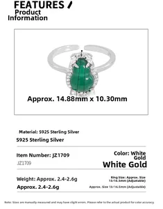 Detail view of S925 sterling silver ring with green chalcedony gourd and size specifications