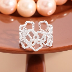 S925 sterling silver hollow heart ring with adjustable band and textured design