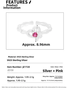 Detailed view of S925 sterling silver ring with 8.96mm red heart zircon and bamboo band