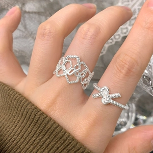 Irregular textured hollow wide s925 silver rings set for women with minimalist knot design