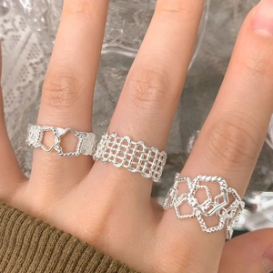 Three-piece S925 sterling silver ring set with hollow heart and twisted woven textures