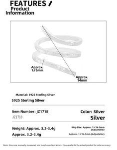 Detailed size specifications for S925 sterling silver snake texture wrap ring