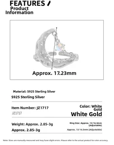 Detailed spec sheet showing S925 silver moon ring weight and size dimensions