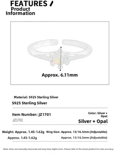 Specifiche dell'anello in argento S925 con opale, con dettagli su peso e misura regolabile